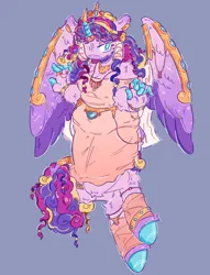 Size: 1136x1485 | Tagged: safe, artist:tottallytoby, derpibooru import, princess cadance, alicorn, anthro, pony, unguligrade anthro, anklet, bracelet, clothes, colored hooves, dress, ear piercing, earring, eyeshadow, female, g4, hoof hands, horn, horn jewelry, image, jewelry, jpeg, leonine tail, makeup, no mouth, piercing, solo, tail, tail jewelry, tiara, wing jewelry, wing piercing, wings