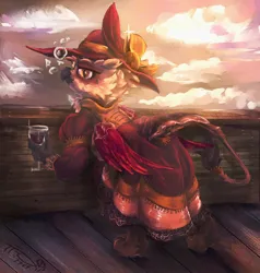 Size: 938x985 | Tagged: safe, artist:tiothebeetle, derpibooru import, oc, oc:remelle redwing, unofficial characters only, gryphon, pony, alcohol, blushing, clothes, cloud, cloudy, commission, cute, dress, drink, drunk, drunk bubbles, glass, hat, image, indoors, looking at you, png, red wine, red wings, solo, wine, wine glass, wings