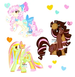 Size: 1280x1313 | Tagged: safe, artist:eyerealm, artist:junglicious64, derpibooru import, oc, unofficial characters only, earth pony, pegasus, adoptable, blushing, bow, bowtie, clothes, coat markings, colored hooves, colored wings, colored wingtips, curly mane, curly tail, earth pony oc, frilly socks, hair bow, hair over one eye, hat, image, leg warmers, multicolored mane, multicolored tail, open mouth, party hat, pegasus oc, png, raised hoof, simple background, sitting, smiling, socks, socks (coat marking), sparkles, sparkly mane, sparkly tail, standing, tail, tail bow, trio, unshorn fetlocks, white background, wings