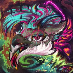 Size: 894x894 | Tagged: safe, artist:tiothebeetle, derpibooru import, oc, oc:fluffy (the griffon), unofficial characters only, dragon, gryphon, hybrid, abstract, abstract art, avatar, beak, birthday, colorful, dragoness, female, halo, horn, hybrid oc, image, jpeg, lightning, modern art, necktie, signature, slit pupils, solo, teeth