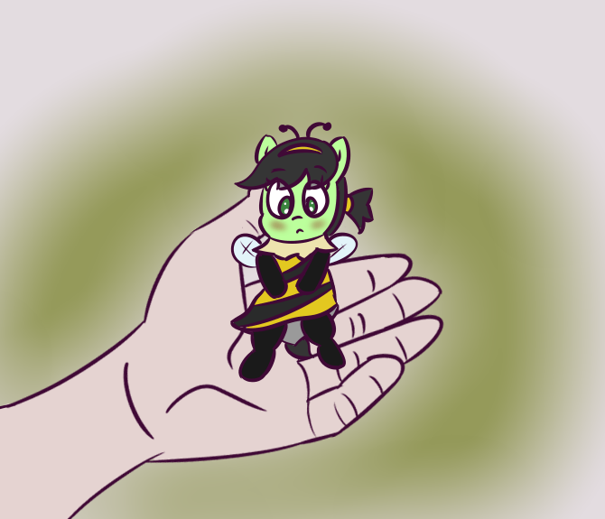 Size: 670x575 | Tagged: safe, artist:wanda, derpibooru import, oc, oc:anonfilly, unofficial characters only, earth pony, pony, animal costume, bee costume, blushing, clothes, costume, female, filly, foal, hand, image, png, solo, tiny