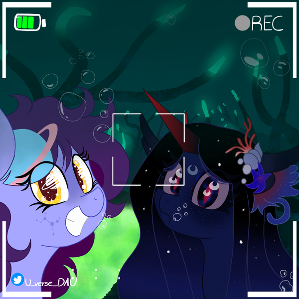 Size: 3000x3000 | Tagged: safe, artist:juniverse, derpibooru import, oc, oc:juniverse, oc:seirina, earth pony, phoenix, pony, sea pony, siren, bubble, camera shot, clothes, colored, commision open, commission, commission example, duo, image, photo, png, selfie, smiling, space pony, surprised, undersea, underwear