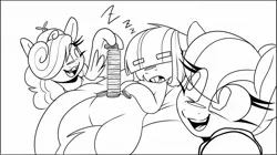 Size: 1946x1093 | Tagged: safe, artist:lockheart, derpibooru import, oc, oc:dot matrix, oc:n64 mare, oc:sega mare, unofficial characters only, crystal pony, earth pony, pegasus, pony, beanie, black and white, braces, eyebrows, eyebrows visible through hair, female, freckles, grayscale, hair over eyes, hair over one eye, hat, image, jpeg, mare, monochrome, onomatopoeia, open mouth, open smile, propeller hat, simple background, sleeping, smiling, sound effects, trio, trio female, white background, zzz