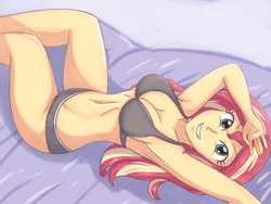 Size: 3800x2854 | Tagged: suggestive, artist:sumin6301, derpibooru import, sunset shimmer, human, equestria girls, armpits, bed, belly button, belly fetish, big breasts, bikini, bra, breasts, busty sunset shimmer, cleavage, clothes, female, grin, high res, image, jpeg, looking at you, lying down, on back, on bed, panties, sexy, smiling, smiling at you, solo, solo female, swimsuit, underwear