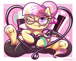 Size: 4000x3238 | Tagged: safe, artist:phoenixrk49, derpibooru import, oc, oc:pixel code, unofficial characters only, earth pony, pony, commission, controller, dexterous hooves, female, frog (hoof), glasses, high res, hoof hold, image, looking at you, mare, one eye closed, png, round glasses, sitting, solo, tongue out, traditional art, underhoof