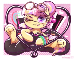 Size: 4000x3238 | Tagged: safe, alternate version, artist:phoenixrk49, derpibooru import, oc, oc:pixel code, unofficial characters only, earth pony, pony, commission, controller, dexterous hooves, female, frog (hoof), glasses, glasses off, high res, hoof hold, image, looking at you, mare, one eye closed, png, round glasses, sitting, solo, tongue out, traditional art, underhoof