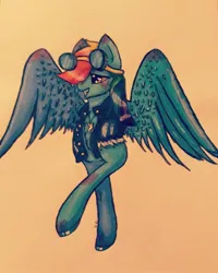 Size: 1080x1350 | Tagged: safe, artist:ahatea, derpibooru import, rainbow dash, pegasus, pony, blushing, bomber jacket, bust, clothes, female, goggles, goggles on head, grin, image, jacket, jpeg, mare, smiling, solo, traditional art