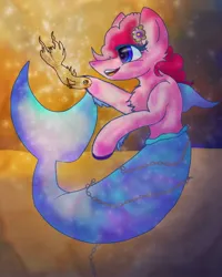 Size: 1080x1350 | Tagged: safe, artist:ahatea, derpibooru import, pinkie pie, earth pony, fish, pony, seapony (g4), bubble, crepuscular rays, dorsal fin, female, fin, fins, fish tail, flower, flower in hair, flowing mane, image, jpeg, mare, ocean, open mouth, open smile, scales, seaponified, seapony pinkie pie, smiling, solo, species swap, sunlight, tail, underwater, water