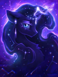 Size: 1500x2000 | Tagged: safe, artist:scheadar, derpibooru import, princess luna, alicorn, pony, chest fluff, constellation, ear piercing, earring, ethereal mane, female, g4, galaxy mane, glow, glowing horn, horn, image, jewelry, jpeg, lidded eyes, looking at you, mare, piercing, solo, stars