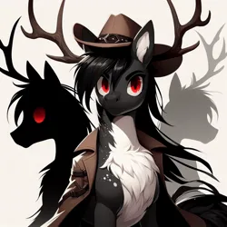 Size: 1024x1024 | Tagged: safe, ai content, derpibooru import, machine learning generated, prompter:v1pe4, oc, oc:silver phosphene, unofficial characters only, ghost, pony, undead, antlers, chest fluff, cowboy, cowboy hat, hat, image, jpeg, male, shadow, solo