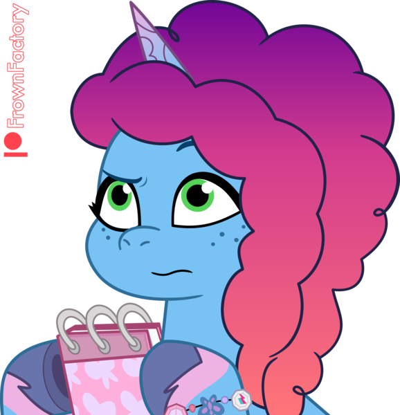 Size: 2888x3000 | Tagged: safe, artist:frownfactory, derpibooru import, pony, unicorn, g5, my little pony: tell your tale, equestria's got talent, female, horn, image, mare, misty brightdawn, notepad, png, simple background, solo, transparent background, vector, wavy mouth