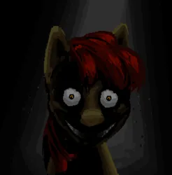 Size: 391x397 | Tagged: semi-grimdark, artist:jack gore, derpibooru import, apple bloom, pony, luna game, creepybloom, creepypasta, dark room, female, filly, foal, g4, image, looking at you, looking into your soul, mane, png, smiling, smiling at you