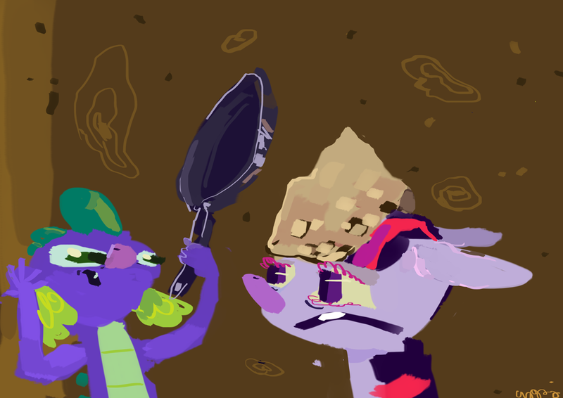 Size: 1000x707 | Tagged: safe, artist:cutebrows, derpibooru import, spike, twilight sparkle, food, frying pan, image, pancakes, png