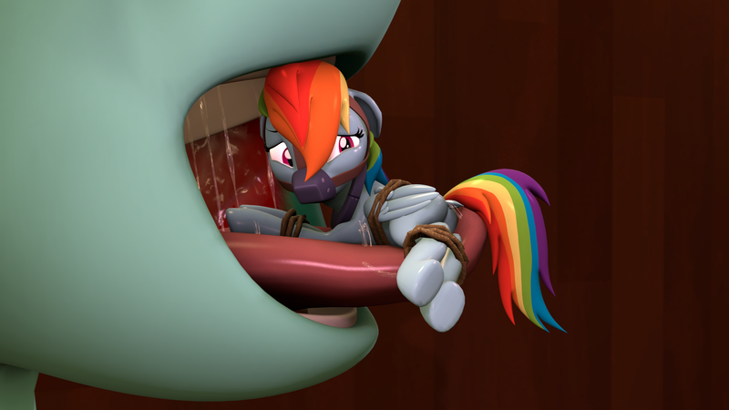 Size: 3840x2160 | Tagged: questionable, semi-grimdark, artist:~stuffguy123, derpibooru import, lightning dust, rainbow dash, pegasus, pony, 3d, bondage, crying, dock, drool, drool string, floppy ears, gag, image, looking back, muzzle gag, open mouth, png, simple background, source filmmaker, tail, tied up, tongue out, unwilling prey, unwilling vore, vore