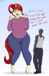 Size: 2406x3705 | Tagged: safe, artist:an-tonio, derpibooru import, oc, oc:golden brooch, anthro, human, unicorn, breasts, busty golden brooch, clothes, denim, female, image, jeans, larger female, milf, pants, png, size difference, sweater, sweater puppies