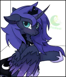 Size: 824x971 | Tagged: safe, artist:pursoul, derpibooru import, princess luna, alicorn, pony, blushing, crown, cute, ear fluff, female, fluffy, g4, hoof shoes, image, jewelry, looking at you, lying down, mare, peytral, png, regalia, side, signature, simple background, solo, solo female, spread wings, wings