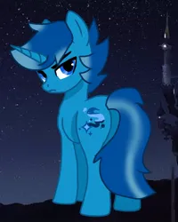 Size: 562x702 | Tagged: safe, derpibooru import, oc, oc:wolf blake, unofficial characters only, unicorn, base used, butt, cutie mark, frown, horn, image, jpeg, looking at you, night, solo, stars