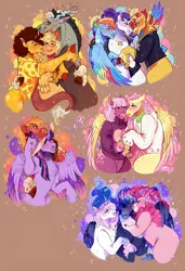 Size: 2960x4316 | Tagged: safe, artist:bunnari, derpibooru import, applejack, big macintosh, cheerilee, cheese sandwich, discord, fluttershy, nightmare moon, pinkie pie, princess luna, rainbow dash, rarity, sunset shimmer, twilight sparkle, butterfly, insect, pegasus, alternate design, alternate universe, antlers, beard, bisexual, blushing, blushing profusely, cheerishy, clothes, duo, facial hair, female, gay, horn, hug, image, jacket, jewelry, jpeg, kiss on the cheek, kissing, leather, leather jacket, lesbian, looking at each other, looking at someone, male, mane six, necklace, no pants, painting, polyamory, rule 63, ship:cheesecord, ship:lunapie, ship:raridash, ship:twimac, shipping, signature, spread wings, straight, sunsarity, sunsetdash, sweater, thicc thighs, watcherverse, wide hips, wings