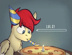Size: 3000x2300 | Tagged: safe, artist:owloffortune, derpibooru import, oc, oc:paper cream, pegasus, pony, birthday, food, hat, image, party hat, pegasus oc, pizza, png, solo, wings