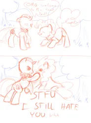 Size: 1000x1350 | Tagged: safe, artist:a6p, derpibooru import, pinkie pie, oc, earth pony, pony, unicorn, clothes, dialogue, image, png, scarf, sketch, slap, vulgar, welcome to the herd