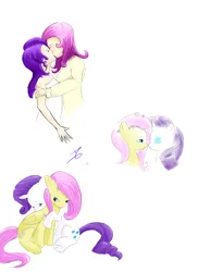 Size: 2460x3384 | Tagged: safe, artist:a6p, derpibooru import, fluttershy, rarity, human, pegasus, pony, unicorn, boop, female, flarity, high res, hug, humanized, image, kissing, lesbian, mare, noseboop, png, self paradox, self ponidox, shipping, simple background, sitting, white background