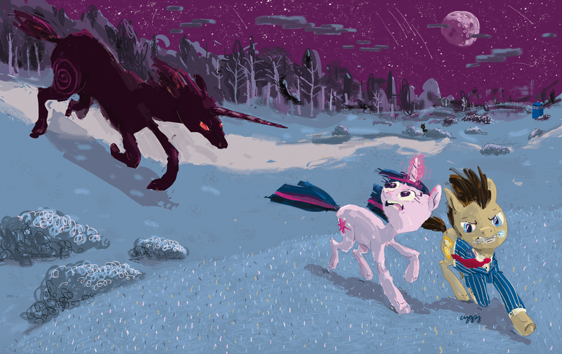 Size: 1280x806 | Tagged: safe, artist:cutebrows, derpibooru import, doctor whooves, time turner, twilight sparkle, unicorn, doctor who, forest, image, moon, nature, night, png, running, shooting star, sonic screwdriver, stars, tardis, tree, unicorn twilight