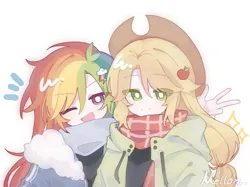 Size: 3000x2239 | Tagged: safe, artist:benyingxinruhuai, derpibooru import, applejack, rainbow dash, human, appledash, clothes, cute, female, hair ornament, humanized, image, jacket, lesbian, multicolored hair, one eye closed, open mouth, open smile, png, rainbow hair, shipping, smiling, wink