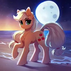 Size: 918x918 | Tagged: safe, ai content, derpibooru import, machine learning assisted, machine learning generated, stable diffusion, applejack, earth pony, pony, beautiful, cute, detailed hair, ear fluff, fluffy, g4, generator:purplesmart.ai, green eyes, image, looking at you, moon, night, ocean, png, prompter:saltyvity, smiley face, smiling, smiling at you, solo, sparkles, stars, water, yellow mane