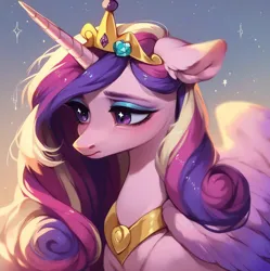 Size: 920x922 | Tagged: safe, ai content, derpibooru import, machine learning assisted, machine learning generated, stable diffusion, princess cadance, alicorn, pony, blushing, crown, crystal, detailed hair, ear fluff, eyeshadow, feral, g4, generator:purplesmart.ai, image, jewelry, makeup, png, prompter:saltyvity, purple eyes, regalia, sad, sad face, solo, sparkles, starry eyes, sunset, wingding eyes