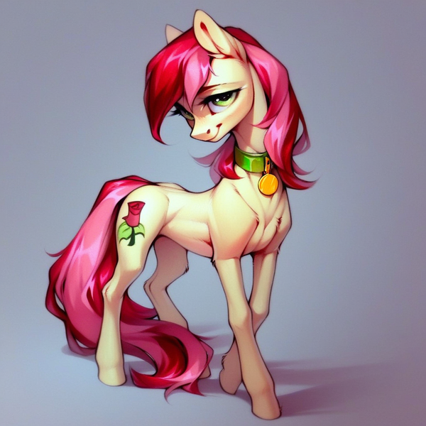 Size: 1024x1024 | Tagged: safe, ai content, derpibooru import, machine learning generated, prompter:doom9454, stable diffusion, roseluck, pony, collar, cute, generator:pony diffusion v6 xl, image, long tail, looking at you, pet tag, png, pony pet, rosepet, standing, tail