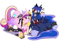 Size: 2217x1662 | Tagged: safe, artist:virmir, princess cadance, princess luna, alicorn, pony, blushing, clothes, duo, female, furry to pony, human to pony, image, mare, peytral, png, simple background, torn clothes, transformation, transgender transformation, transparent background