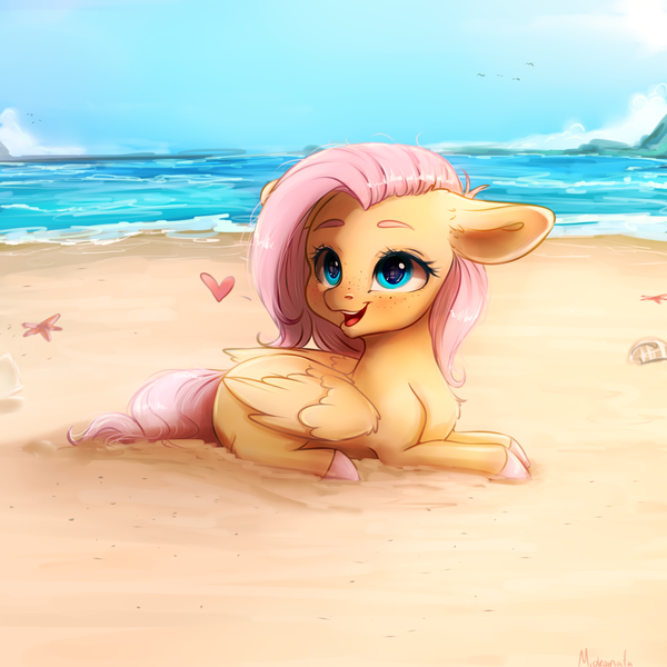 Size: 4000x4000 | Tagged: safe, artist:miokomata, derpibooru import, fluttershy, pegasus, pony, absurd resolution, beach, cute, daaaaaaaaaaaw, floppy ears, freckles, freckleshy, image, lying down, open mouth, open smile, png, prone, shyabetes, smiling, solo, turned head