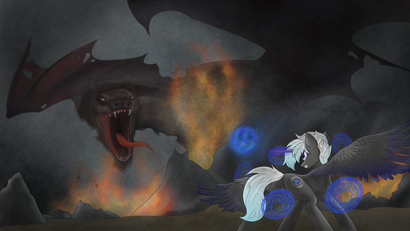 Size: 2877x1626 | Tagged: safe, artist:alhimick, derpibooru import, oc, oc:mistik mage, unofficial characters only, alicorn, dragon, pony, fanfic, fanfic:beyond the mountains, alicorn oc, badass, dark, duo, epic, fight, fire, fog, g4, horn, image, magic, male, male alicorn, png, runes, wings