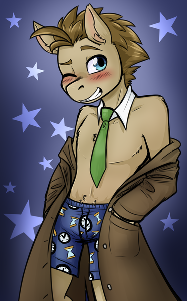 Size: 958x1536 | Tagged: source needed, safe, artist:jitterbugjive, derpibooru import, doctor whooves, time turner, anthro, pony, blushing, boxers, clothes, coat, g4, image, looking at you, male, necktie, one eye closed, partial nudity, png, stallion, stripping, topless, underwear, undressing, wink