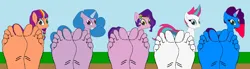 Size: 1280x351 | Tagged: safe, artist:meaniefeetreturn, derpibooru import, izzy moonbow, pipp petals, sunny starscout, zipp storm, earth pony, pegasus, pony, unicorn, g5, alternate hairstyle, cute, feet, female, group, group photo, image, misty brightdawn, png, simple background, solo, solo female