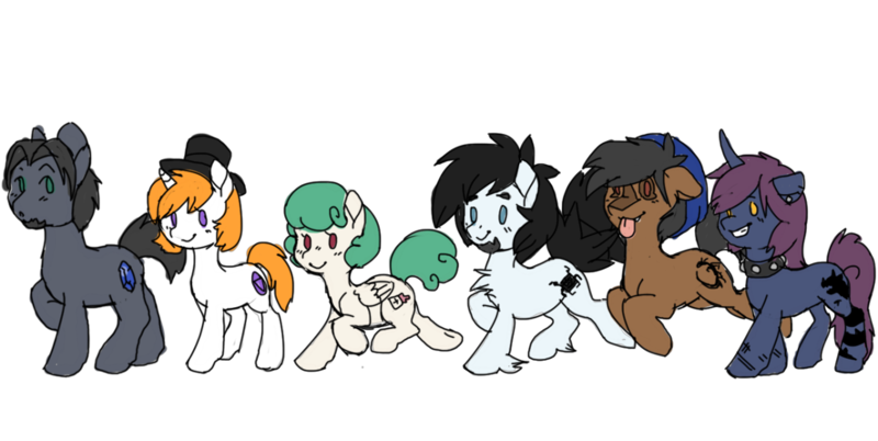 Size: 1280x643 | Tagged: safe, artist:asknursenimble, derpibooru import, oc, oc:alchemy fleck, oc:nurse nimble, oc:tattoo moon, oc:thegamercolt, earth pony, pegasus, pony, unicorn, female, hat, image, male, mare, png, simple background, stallion, top hat, transparent background, tumblr:ask nurse nimble