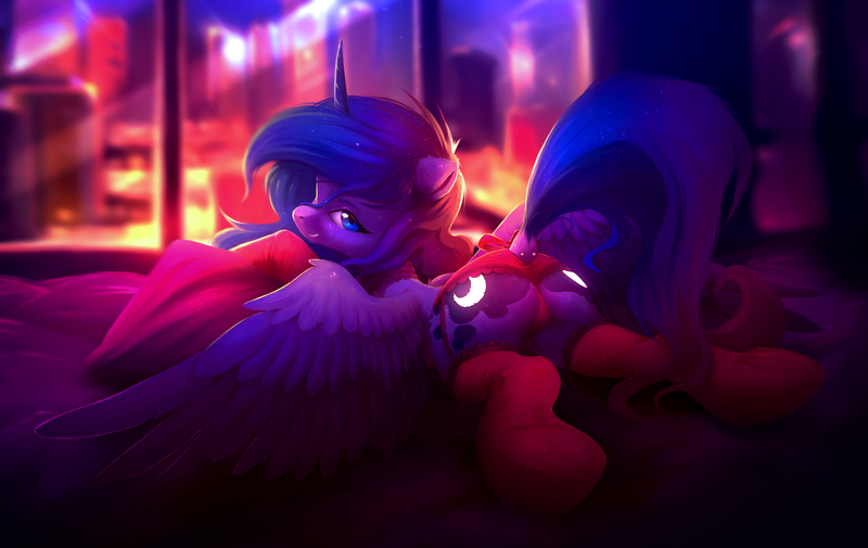 Size: 3358x2120 | Tagged: suggestive, artist:itssim, derpibooru import, princess luna, alicorn, pony, bed, bow, butt, choker, city, clothes, cute, dock, dock piercing, female, g4, garter belt, hooves, horn, image, looking at you, mare, moonbutt, panties, piercing, pillow, plot, png, socks, solo, tail, tail bow, tail piercing, underwear, window, wings