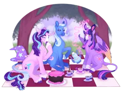 Size: 1280x974 | Tagged: safe, artist:s0ftserve, derpibooru import, starlight glimmer, trixie, twilight sparkle, twilight sparkle (alicorn), alicorn, pony, cake, cup, curved horn, food, horn, image, leonine tail, magic, picnic blanket, png, simple background, tail, teacup, teapot, transparent background, tree