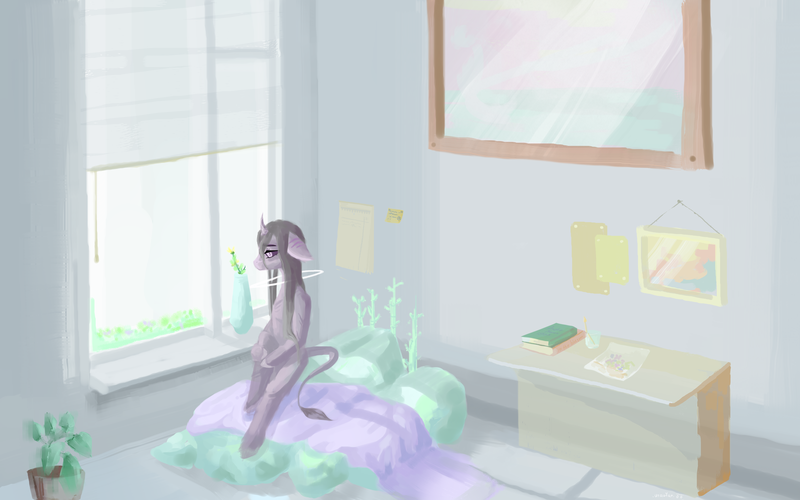 Size: 8000x5000 | Tagged: safe, artist:utauyan, derpibooru import, oc, unofficial characters only, bed, book, glass, image, plant pot, png, solo, table, window