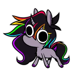 Size: 700x700 | Tagged: safe, artist:woofpoods, derpibooru import, oc, oc:strobestress, unofficial characters only, unicorn, big eyes, chest fluff, chibi, derp, ear piercing, earring, fluffy, hooves, horn, image, jewelry, meme, multicolored hair, piercing, png, purple fur, rainbow hair, simple background, solo, tired eyes, transparent background, unicorn oc