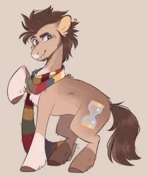 Size: 868x1037 | Tagged: safe, artist:wanderingpegasus, derpibooru import, doctor whooves, time turner, earth pony, pony, beige background, clothes, colored hooves, fetlock tuft, fourth doctor's scarf, image, png, scarf, simple background, solo, striped scarf