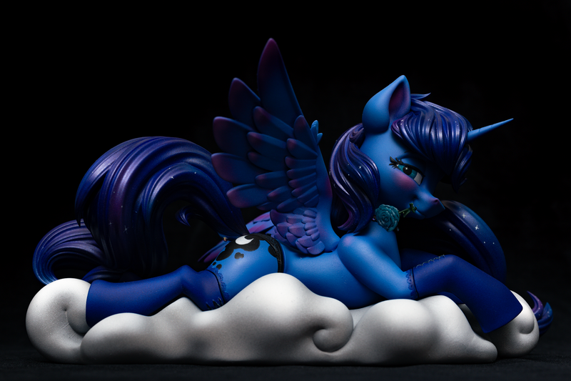 Size: 3000x2000 | Tagged: suggestive, artist:chyvak, artist:draconis taaldis, derpibooru import, princess luna, alicorn, pony, 3d print, blushing, clothes, cloud, dock, dock piercing, ethereal mane, female, figure, flower, flower in mouth, horn, image, irl, lingerie, lying, mare, mouth hold, panties, photo, piercing, png, rose, rose in mouth, socks, starry mane, starry tail, stockings, tail, tail piercing, thigh highs, underwear, wings