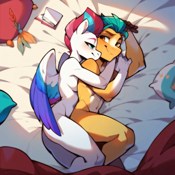 Size: 4096x4096 | Tagged: questionable, ai content, derpibooru import, machine learning generated, prompter:stormblazer92, stable diffusion, hitch trailblazer, zipp storm, anthro, g5, bed, blanket, cuddling, female, generator:purplesmart.ai, image, intimate, male, nudity, pillow, png, ship:stormblazer, shipping, smiling, smirk, spooning, straight