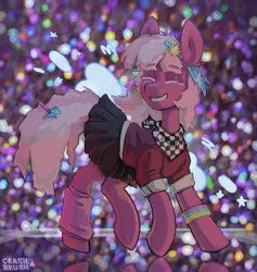 Size: 3000x3168 | Tagged: safe, artist:crashbrush, derpibooru import, cheerilee, earth pony, pony, 80s, 80s cheerilee, accessory, badge, bandana, bracelet, braces, clothes, ear piercing, earring, eyes closed, eyeshadow, female, g4, glitter, hairpin, high res, image, jewelry, makeup, mare, piercing, pink mane, png, school uniform, skirt, smiling, solo, two toned mane, white eyelashes, wristband