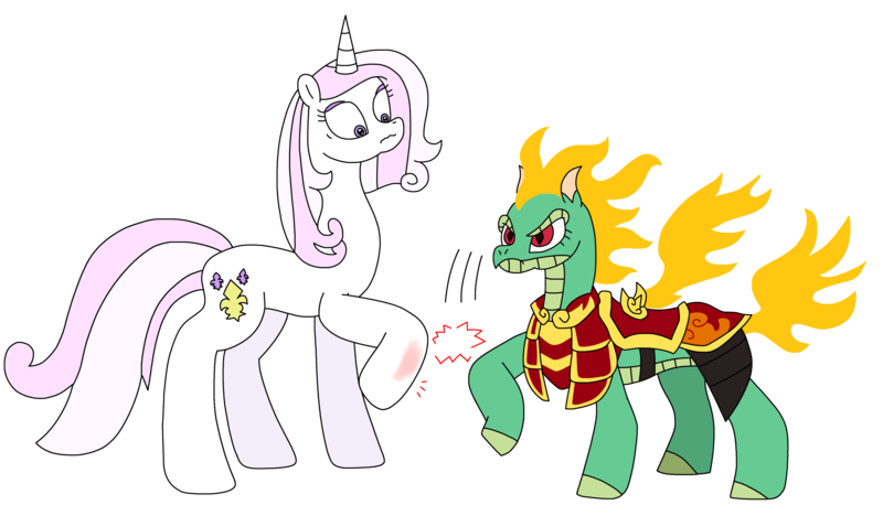 Size: 3123x1788 | Tagged: safe, artist:supahdonarudo, derpibooru import, fleur-de-lis, dragon, hybrid, longma, unicorn, them's fightin' herds, angry, armor, community related, image, mane of fire, png, shocked, shocked expression, simple background, slap, tianhuo (tfh), transparent background