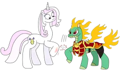Size: 3123x1788 | Tagged: safe, artist:supahdonarudo, derpibooru import, fleur-de-lis, dragon, hybrid, longma, unicorn, them's fightin' herds, angry, armor, community related, image, mane of fire, png, shocked, shocked expression, simple background, slap, tianhuo (tfh), transparent background