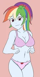 Size: 1494x2854 | Tagged: suggestive, artist:sumin6301 edits, derpibooru import, edit, rainbow dash, human, equestria girls, belly button, bow, bowtie panties, bra, breasts, clothes, eyebrows, eyebrows visible through hair, female, frilly panties, frilly underwear, image, looking at you, panties, pink background, pink bra, pink panties, pink underwear, png, simple background, smiling, solo, solo female, standing, thighs, underwear, underwear edit