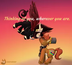 Size: 4299x3915 | Tagged: safe, artist:jackudoggy, derpibooru import, oc, oc:dokko, oc:hilda, unofficial characters only, alicorn, earth pony, pony, pony town, clothes, crying, cutie mark, female, hat, horn, image, kissing, male, mare, multiple horns, png, scarf, shipping, stallion, straight, suit, sunset, text