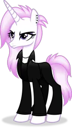 Size: 2582x4532 | Tagged: safe, artist:anime-equestria, derpibooru import, fleur-de-lis, pony, unicorn, alternate hairstyle, annoyed, clothes, ear piercing, eyeshadow, female, g4, horn, image, jacket, jewelry, makeup, mare, necklace, piercing, png, simple background, solo, transparent background, vector