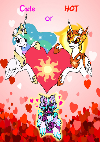 Size: 1000x1414 | Tagged: safe, artist:zetikoopa, derpibooru import, daybreaker, princess celestia, alicorn, pony, g5, alexandrite arcane, amalgamation, blushing, female, female to male, heart, holiday, image, love, male, mare, opaline arcana, png, rule 63, species swap, valentine, valentine's day